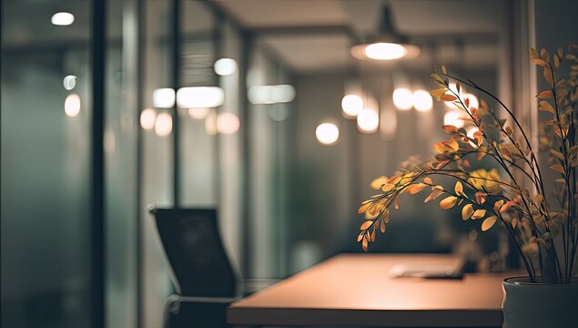 Indoor office setting with a potted plant on a desk, blurred warm lights in background