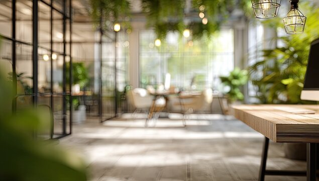 Sunny, blurred modern office with plants, wooden desks, and glass partitions