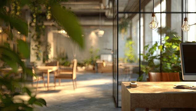 Modern office interior with abundant green plants, natural light, a wooden desk