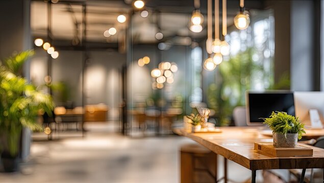 Modern, blurred open-plan office interior with bright lights, wooden desks, and plants