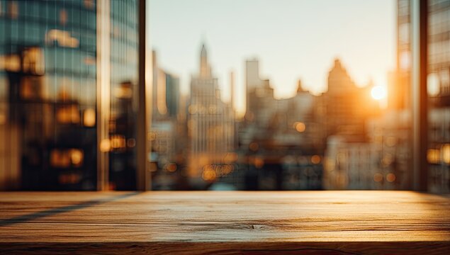 Empty wooden table with a blurred modern city skyline at sunset in the background