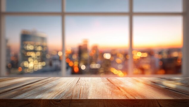 Empty wooden table with bokeh city lights and sunset sky view from high-rise window