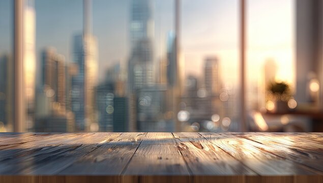 Empty wooden table surface in a room overlooking a blurred city skyline at golden hour