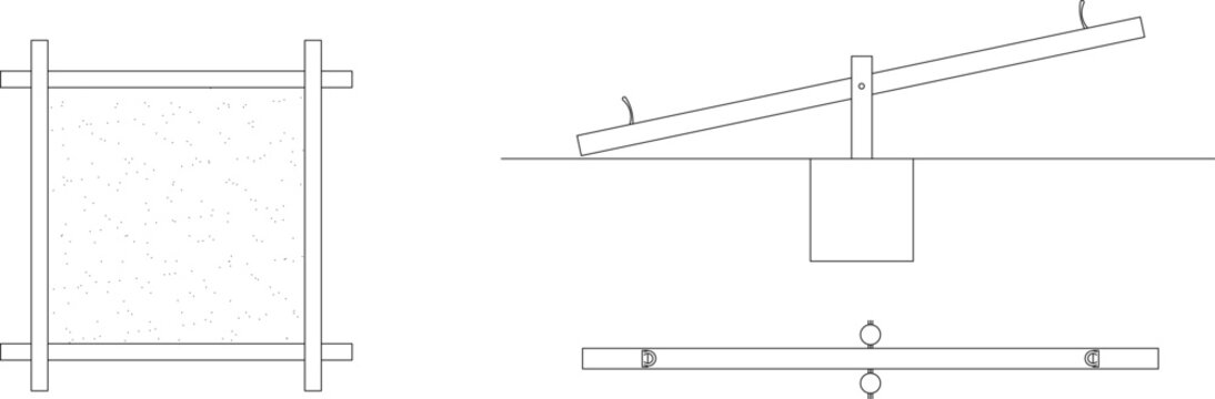 Technical engineering drawing showing orthographic projections of a playground seesaw including side elevation, frame view, and top plan view of the plank.