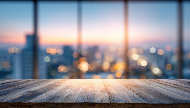 Wooden table surface with bokeh city lights and sunset sky through office window