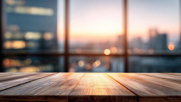 Empty wooden table with blurred city skyline and beautiful sunset visible through window