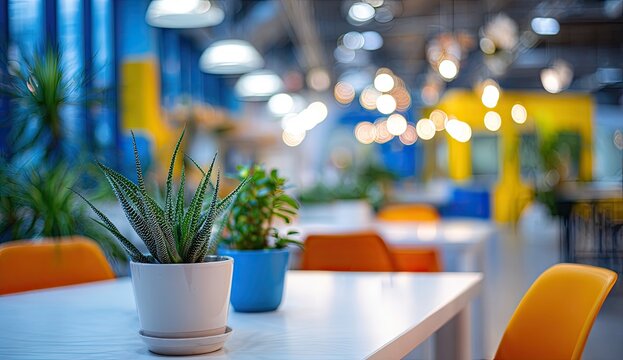 Modern, bright office space with potted plants on tables, colorful walls, and bokeh lights