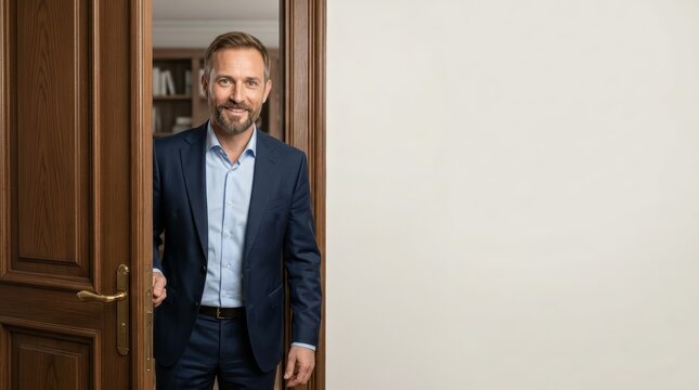 A man in a business suit is at the door. A middle-aged Caucasian man stands in an office at a wooden door, formal clothes, interior of the room.