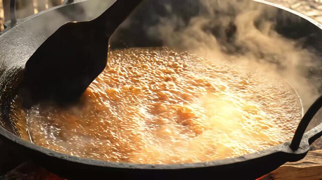 Traditional process of making palm sugar by boiling sweet sap in a large cast iron wok over a wood fire while stirring with a wooden paddle