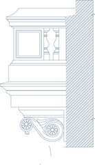 Technical architectural drawing showing a cross-section detail of a classical balcony ledge featuring an ornate scroll bracket, balustrade railing, and wall section. © Riki