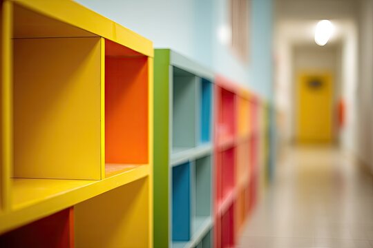 Vibrant storage cubbies line a long, blurred school hallway, leading to a yellow door