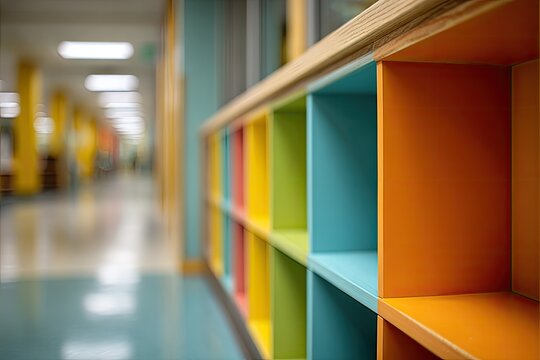 Bright, multi-colored cubbies along a blurred school hallway, showcasing an empty learning area
