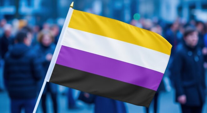 Non-binary pride flag waving at a public demonstration or parade with a blurred crowd in the background