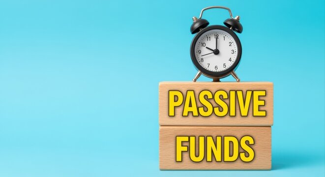 Alarm clock on wooden blocks spelling PASSIVE FUNDS symbolizing investment growth and financial planning success