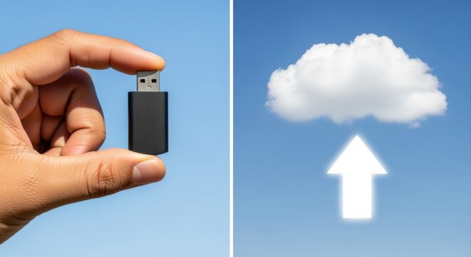 Hand holding USB flash drive next to cloud storage upload symbol, representing data transfer and digital storage solutions