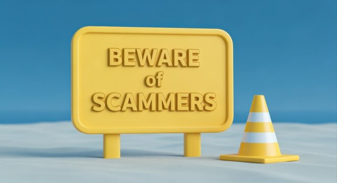 Yellow Warning Sign with 'Beware of Scammers' Text and Traffic Cone Cautioning Against Fraud