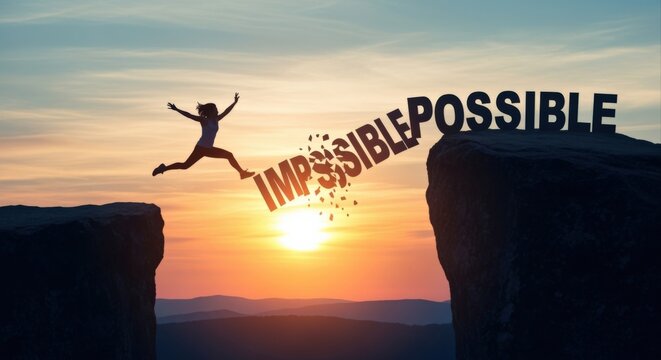 Woman jumping over chasm turning impossible into possible at sunset, symbolizing achievement and overcoming challenges