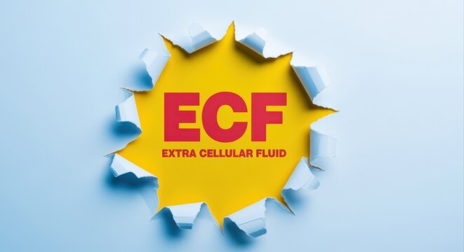 ECF Extra Cellular Fluid Text Revealed Through Torn Paper, Bright Yellow Background