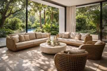 Fototapeta premium Cozy living room with natural light and modern furnishings