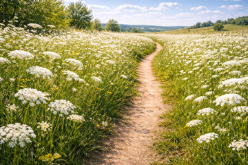 Fototapeta premium Scenic pathway through blooming flowers in a lush meadow