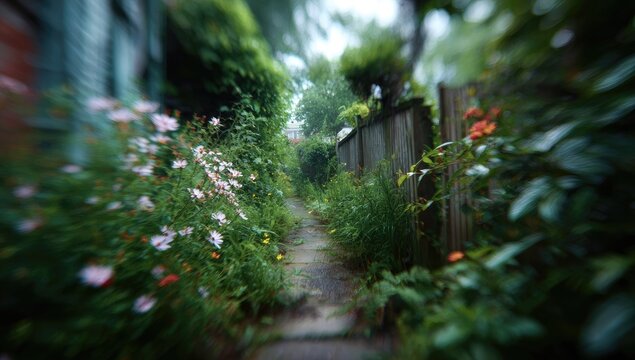 Narrow, enchanting garden path winding between vibrant foliage and blooming flowers