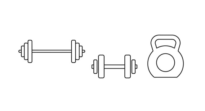 Gym equipment vector illustration dumbbells and kettlebell outlined on white