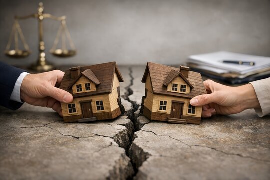 Property division dispute showing hands pulling apart two wooden houses symbolizing divorce settlement, broken home ownership, emotional separation, and legal real estate conflict