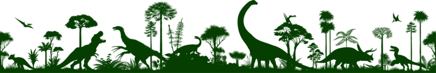 Vector seamless silhouette panorama with argentinosaurus, therizinosaurus, triceratops, utahraptor, pachycephalosaurus, Yunnanosaurus and pterosaurus in jungle © Save Jungle
