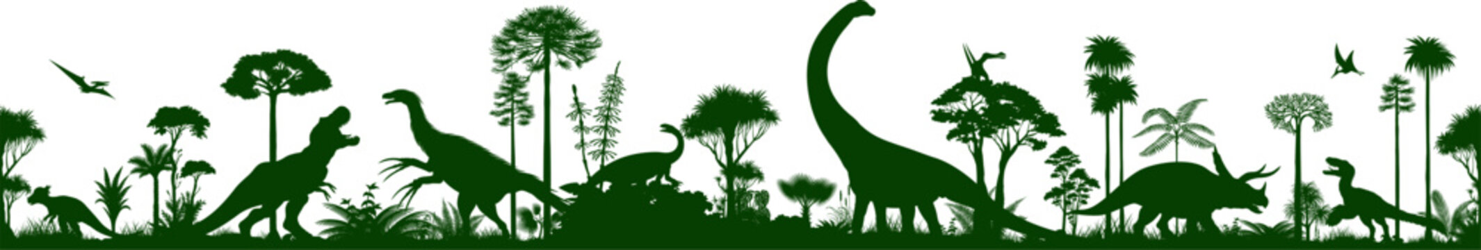 Vector seamless silhouette panorama with argentinosaurus, therizinosaurus, triceratops, utahraptor, pachycephalosaurus, Yunnanosaurus and pterosaurus in jungle