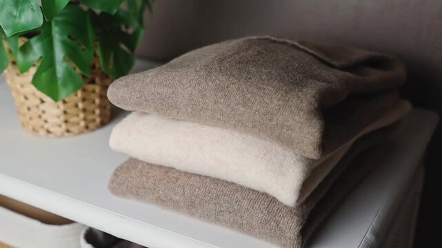 Three cashmere sweaters are folded on a white wardrobe with a flower.