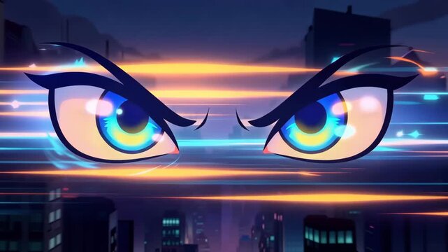 Cartoon eyes glowing with neon light in colorful animated character face