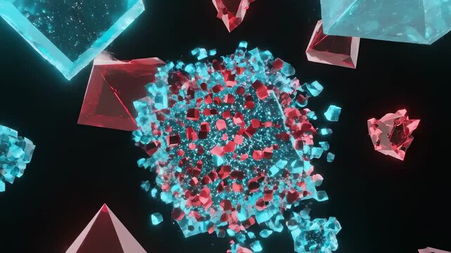 This features a stunning digital animation of floating 3D cubes and squares in blue and red hues against a dark background with scattered pixels, conveying a sense of technical difficulties and error