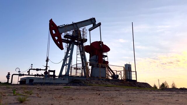 Extraction of petroleum. Oil Pump Jack on blue. Oil Field. Petrolium crude Industrial. Crude pump jack working.. Extraction of petroleum in oilfield. Crude petroleum industry
