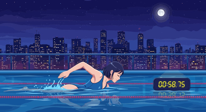 Woman swimming freestyle in a pool at night.
