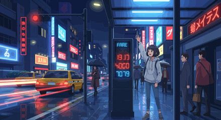 Fototapeta premium Young woman hailing taxi on rainy city street at night.