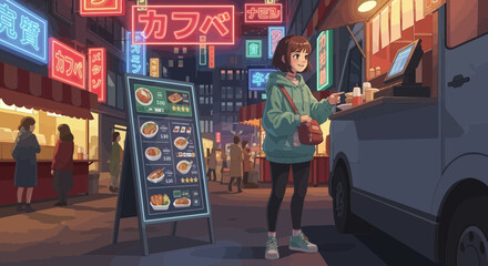 Obraz premium Young woman ordering food from a street vendor at night.