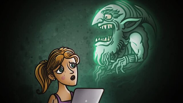 ghostly troll emerging from computer to haunt woman