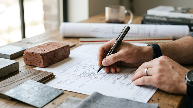 Architect drawing blueprints with construction materials on desk, close-up on hand
