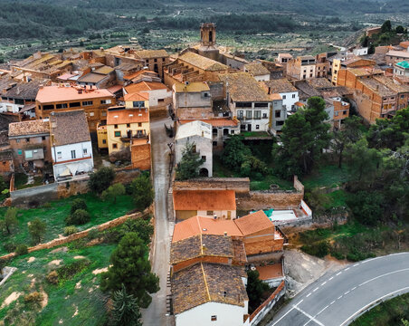 Aerial view of a beautiful spanish village with terracotta roofs.
