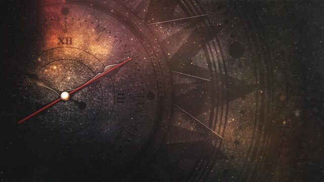 ancient clock time lapse loop motion illustration with particles dust