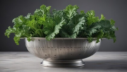Fototapeta premium Half-filled colander with green kale stalks and leaves , food storage, food photography