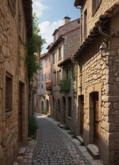 Fototapeta premium Historic stone walls and vaulted roofs of traditional Lyonnese houses on a narrow street in Vieux Lyon, vaulted roofs, lyonnese style