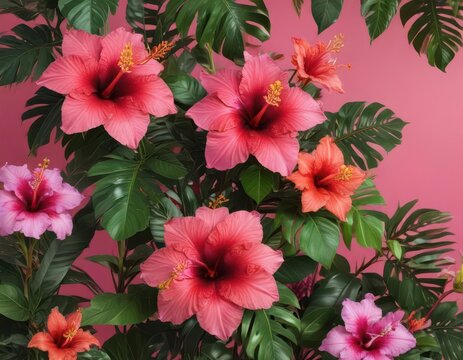 Hibiscus flowers on pink background with lush greenery and tropical foliage, surrounded by vibrant orchids, heliconias, and bromeliads  ,  exotic,  pink