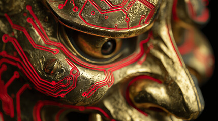 Fototapeta premium Macro photography of a Hannya mask surface featuring intricate gold leaf and glowing red digital circuit etchings.