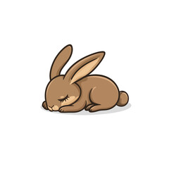 Fototapeta premium A cute, cartoon-style rabbit is curled up asleep with its eyes closed, resting on a white background