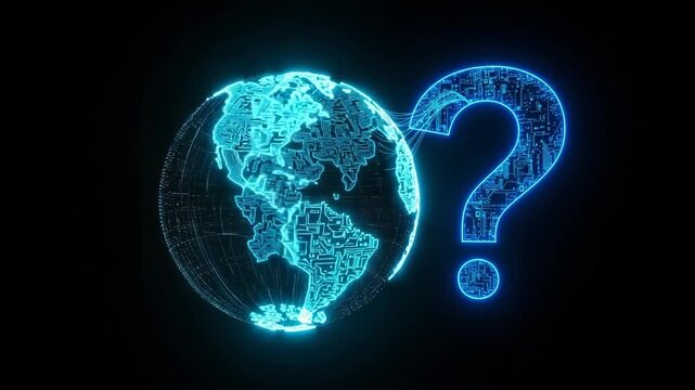 Glowing Digital Earth With Circuit Patterns Connects To Question Mark Against Black Background Global Digital Uncertainty Usable For Tech Future Ai Content