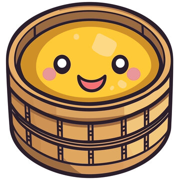 A smiling, cartoonish yellow food item in a wooden container, with rosy cheeks and happy eyes