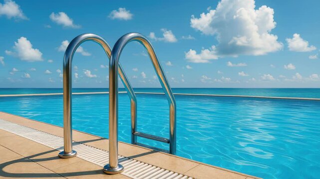 Inviting Azure: A serene poolside scene with the ladder leading to crystal-clear water, and the vast ocean merges seamlessly with the sky, under a bright, airy sky filled with fluffy clouds.
