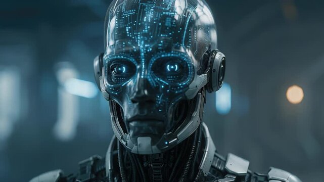 Cybernetic Gaze: A close-up view of an advanced, futuristic android, its illuminated facial components and piercing gaze exuding a sense of technological sophistication.