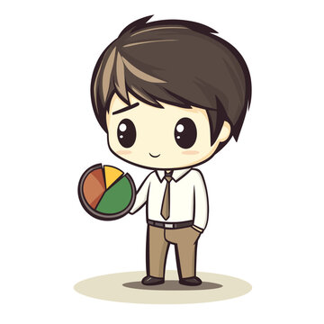 Cute cartoon of a small business professional in a white shirt and tie, holding a pie chart